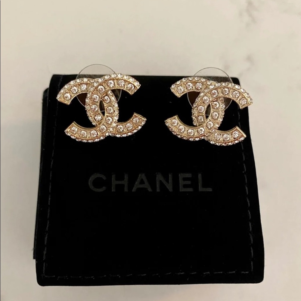 Chanel crystal timeless CC earrings light gold